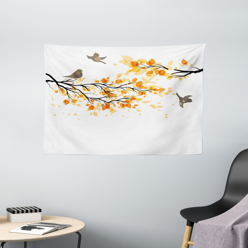 Flying Birds and Leaves Wide Tapestry