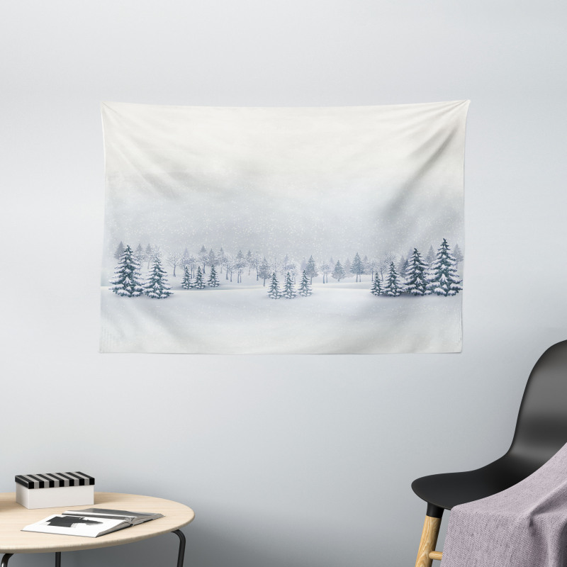 Foggy Weather Trees Wide Tapestry
