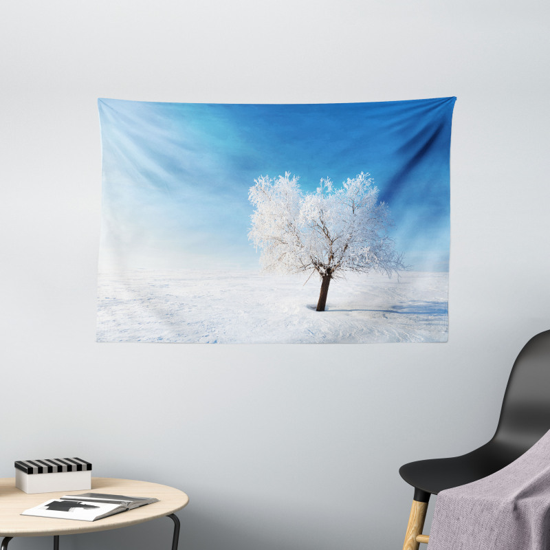 Snow Covered Alone Tree Wide Tapestry