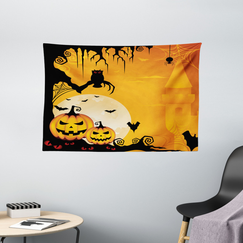 Spooky Pumkins Owl Art Wide Tapestry