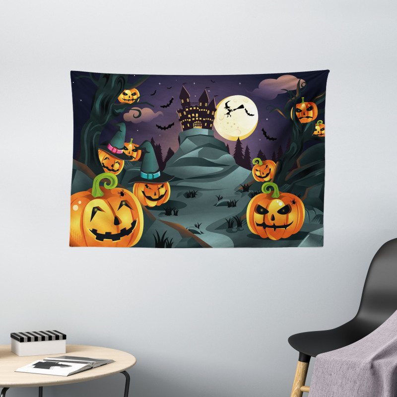 Horror Castle Pumpkin Wide Tapestry