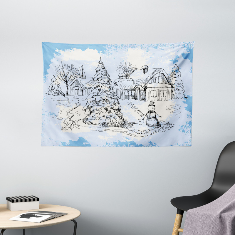 Sketchy Cold Snowy Scene Wide Tapestry