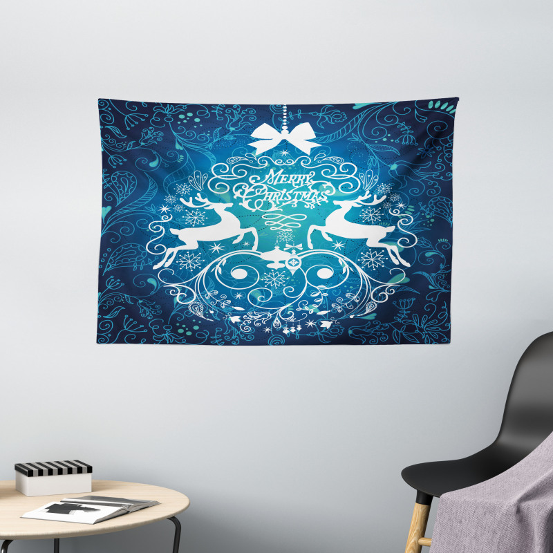 Deer and Floral Ornaments Wide Tapestry