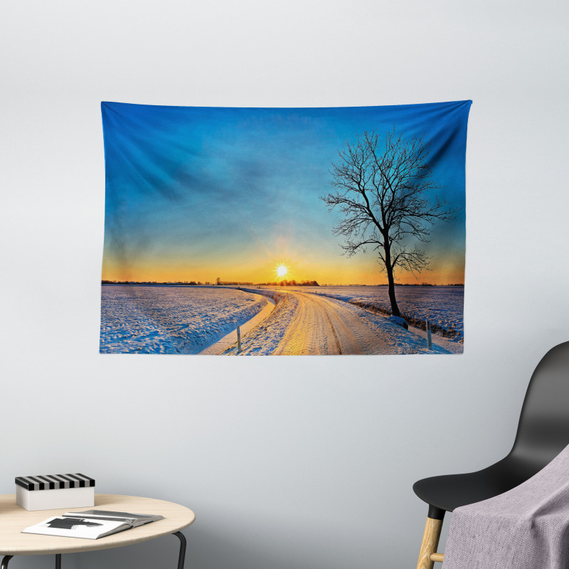 Winter Sunset Scene Tree Wide Tapestry