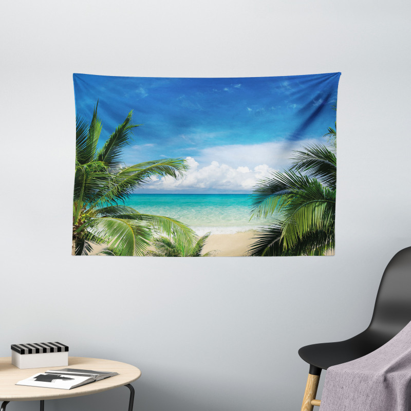 Tropical Sea Palms Sunny Day Wide Tapestry