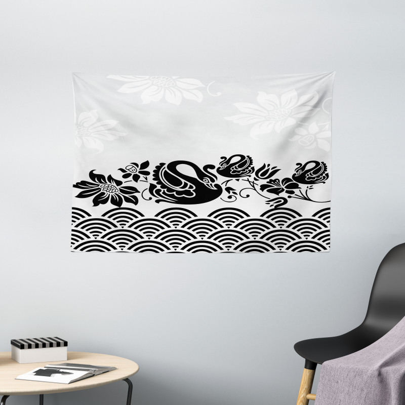 Black Swans and Flowers Wide Tapestry