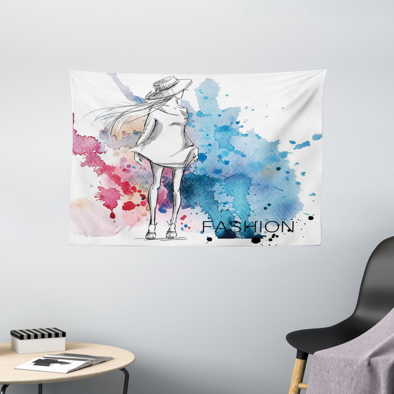 Fashion Lady with Hat Wide Tapestry