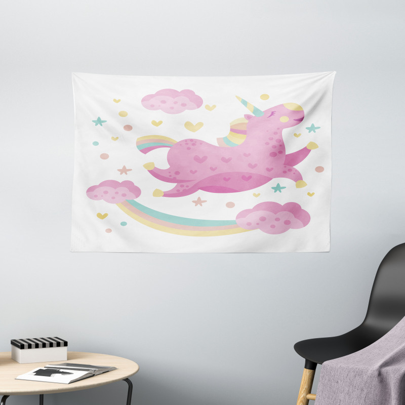 Unicorn with Star Rainbow Wide Tapestry