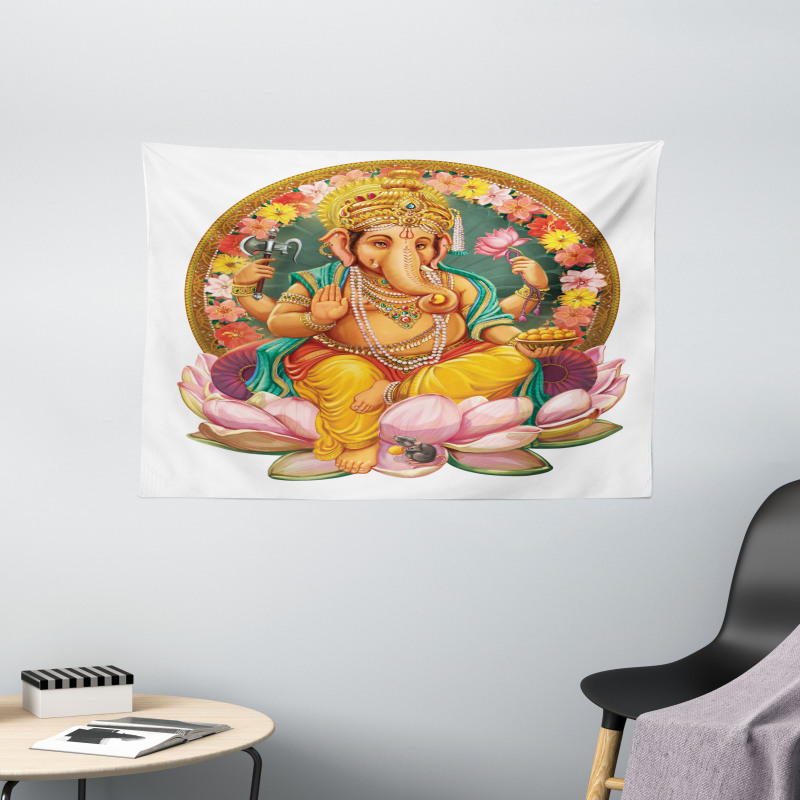 Elephant Figure in a Lotus Wide Tapestry