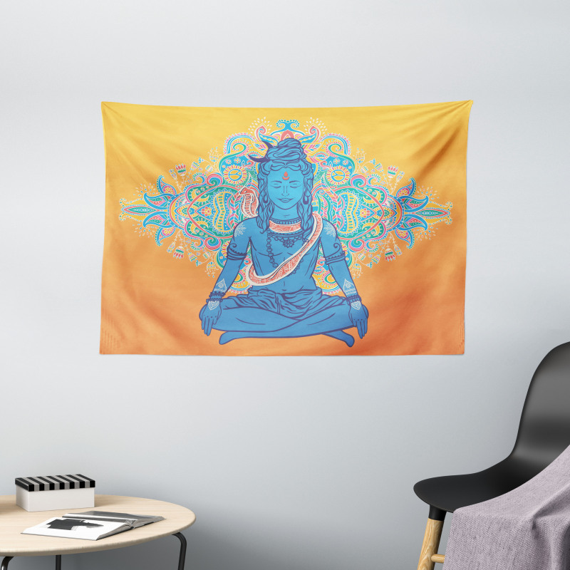 Asian Meditation Ancient Motif Wide Tapestry