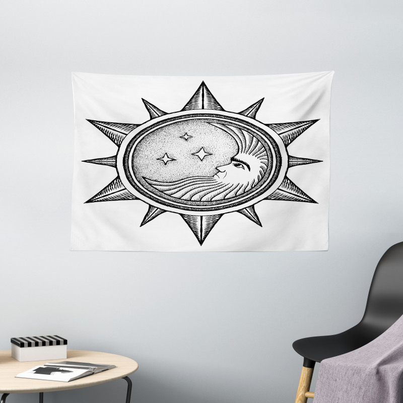 Moon with Stars in Sun Wide Tapestry