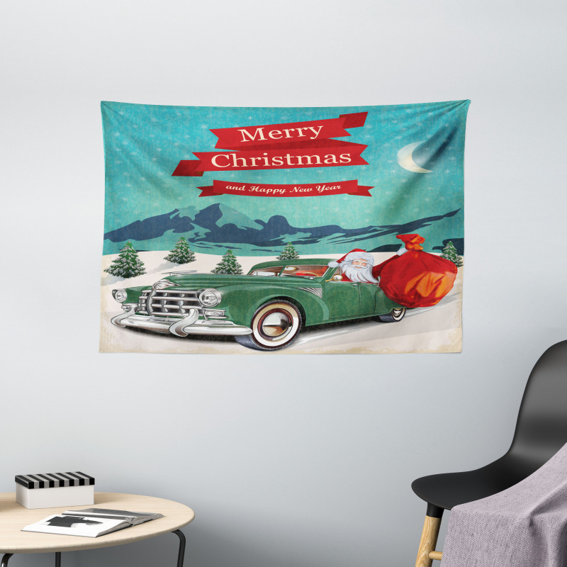 Santa in Classic Car Wide Tapestry
