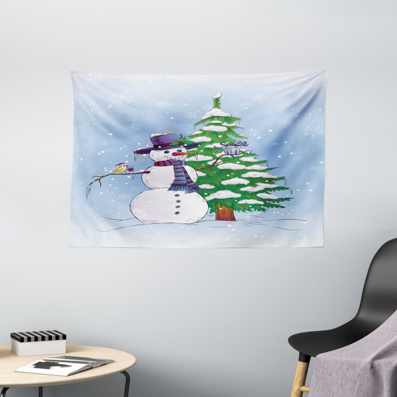 Snowman and Tree Wide Tapestry