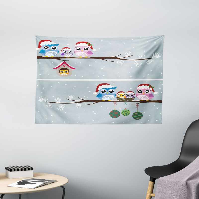 Owls with Santa Hats Wide Tapestry