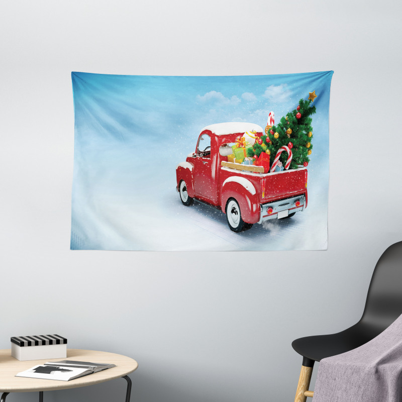 Red Truck Xmas Tree Wide Tapestry