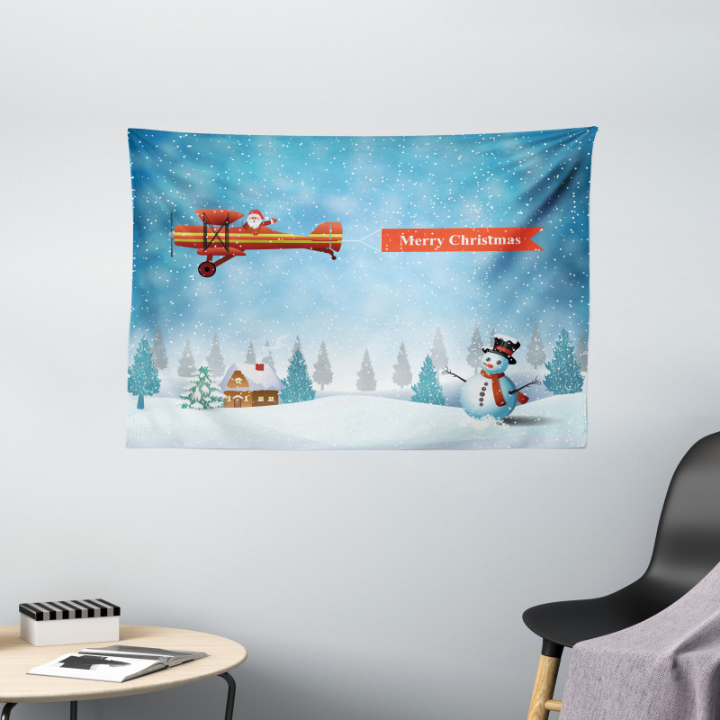 Santa Plane Snowman Wide Tapestry