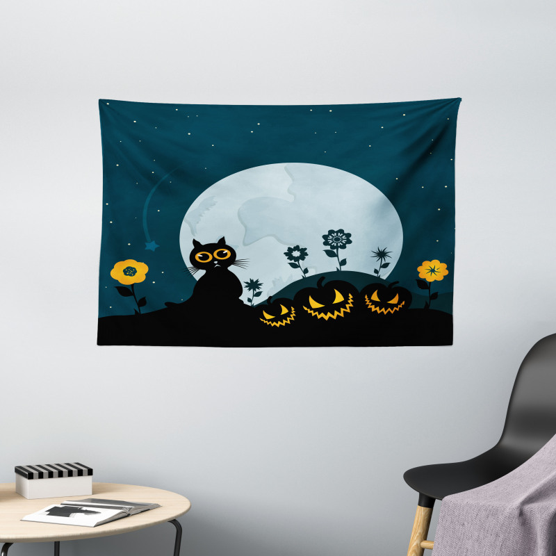 Kitty Under Moon Wide Tapestry