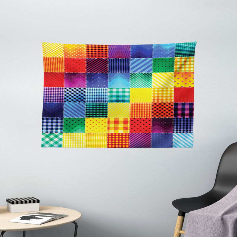 Rainbow Retro Patchwork Wide Tapestry