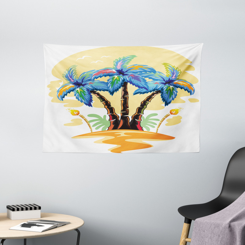 Cartoon Island Sunset Wide Tapestry