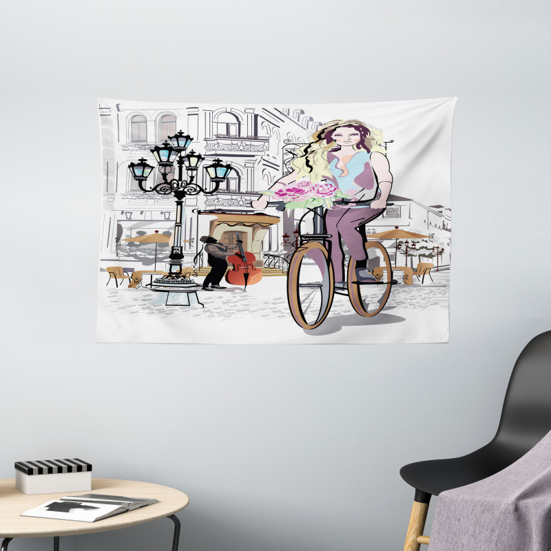 Lady Rides Bicycle Roses Wide Tapestry