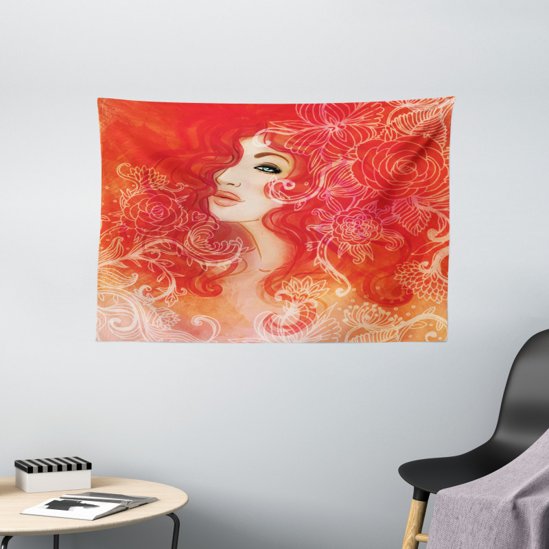 Lady Hair Floral Ornament Wide Tapestry