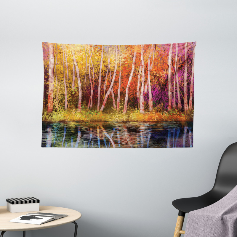 Autumn Trees by Lake Wide Tapestry
