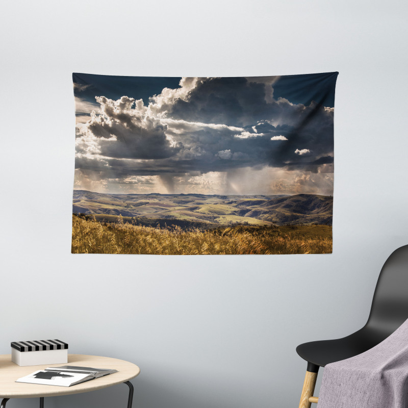 Fluffy Clouds Mountains Wide Tapestry