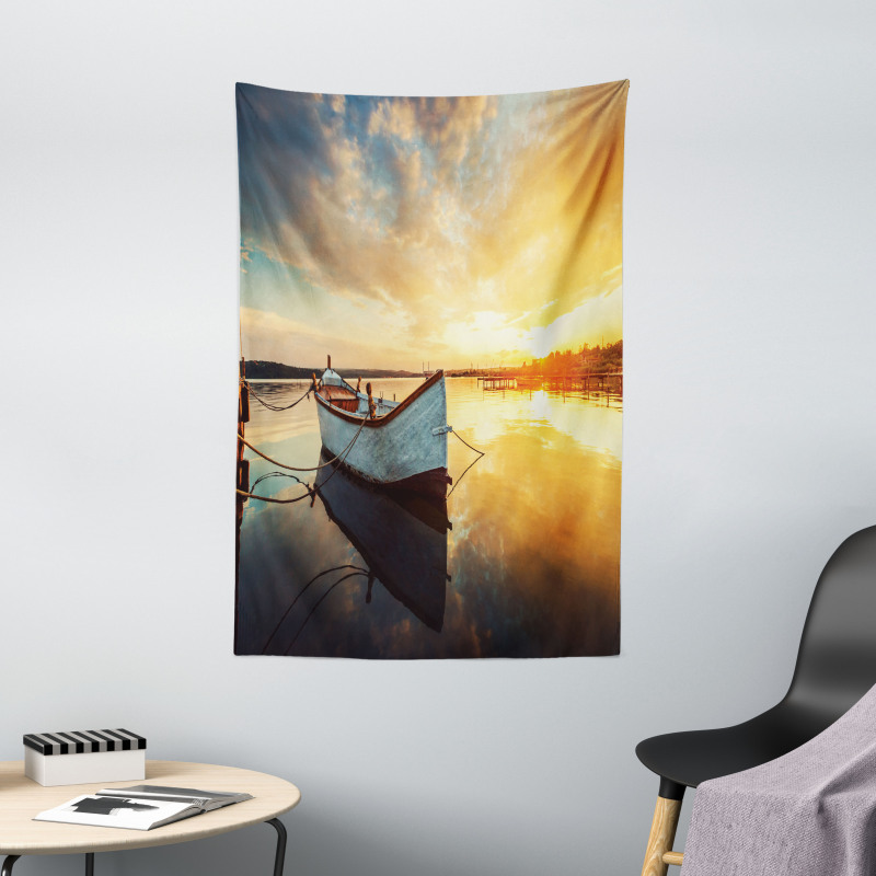 Sunset at Harbor Boat Tapestry
