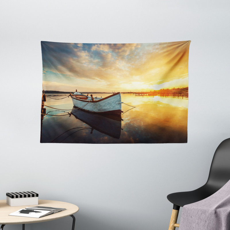 Sunset at Harbor Boat Wide Tapestry
