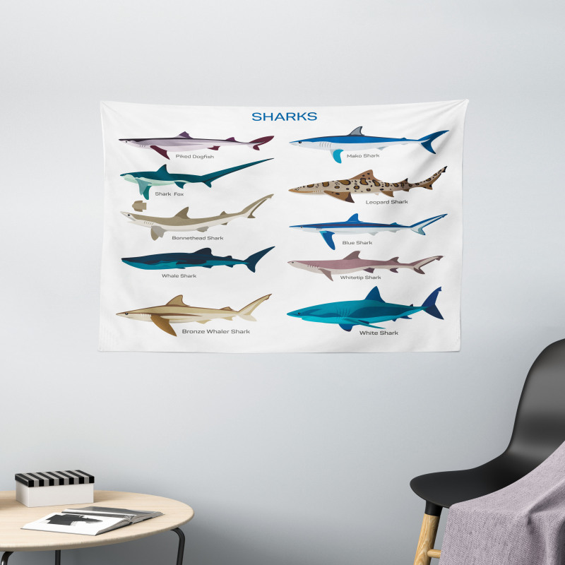 Cartoon Shark Types Wild Wide Tapestry