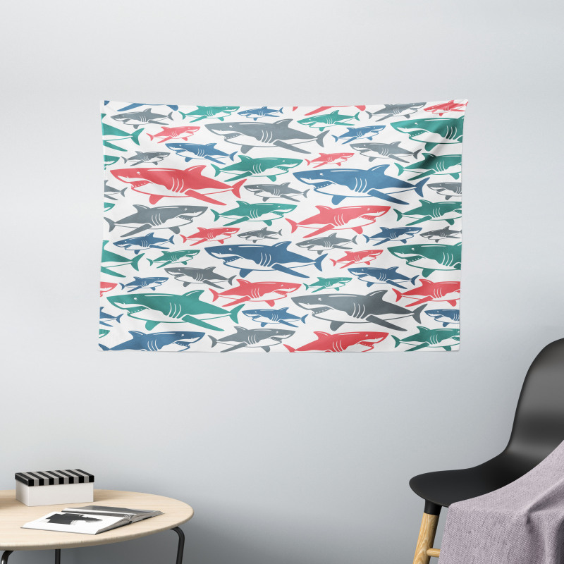 Colorful Shark Patterns Wide Tapestry