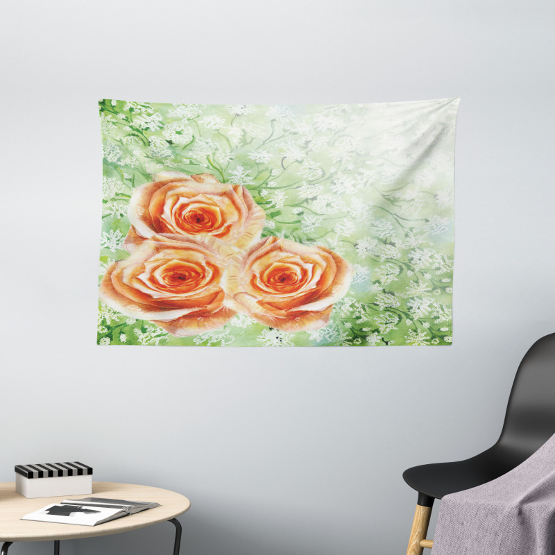Watercolor Roses Wide Tapestry