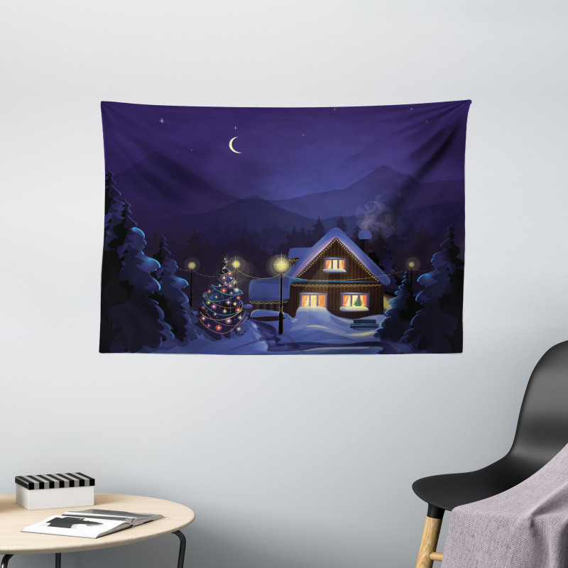 Winter Home and Tree Wide Tapestry