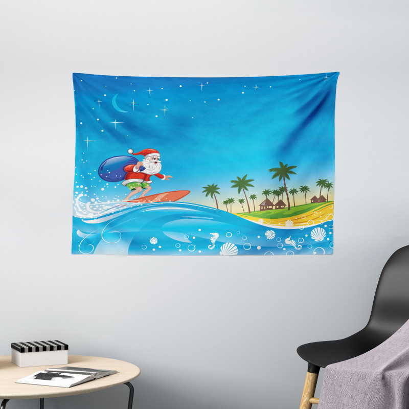 Surfing Santa Beach Wide Tapestry