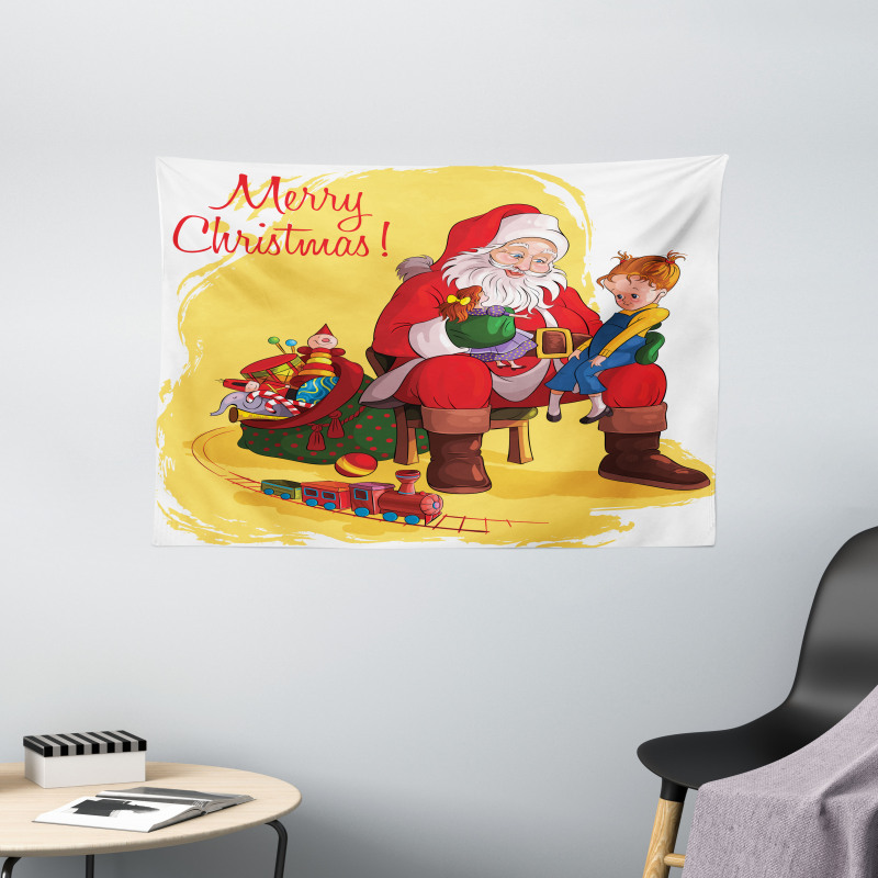 Kid and Santa Gifts Wide Tapestry