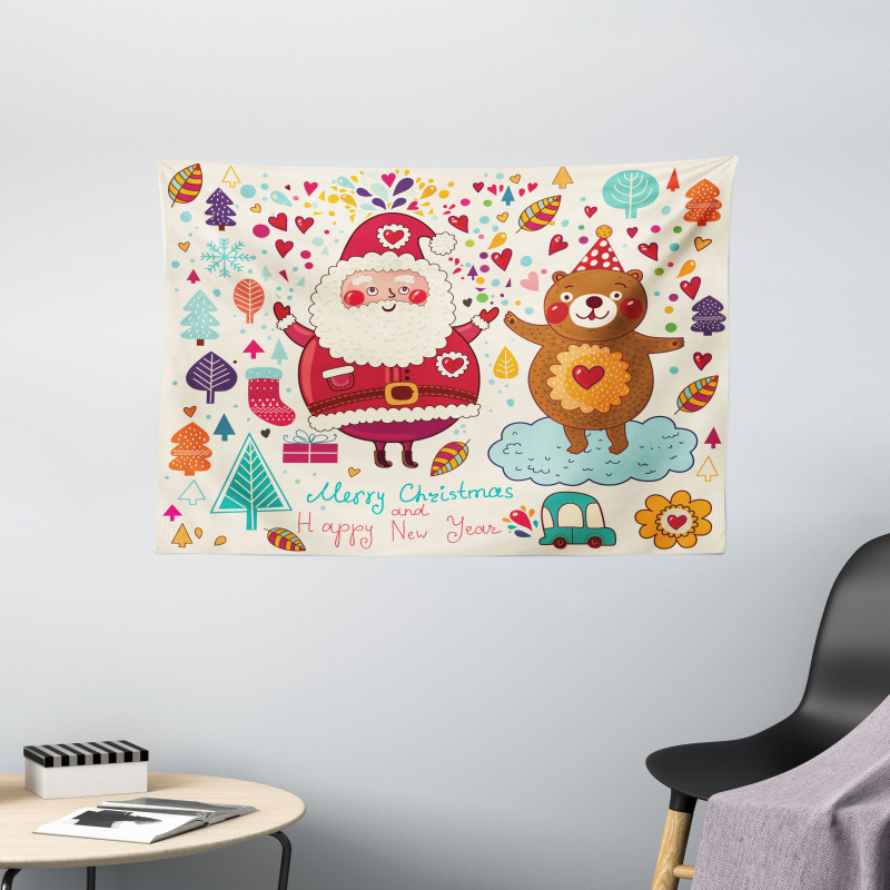 Santa and Teddy Bear Wide Tapestry