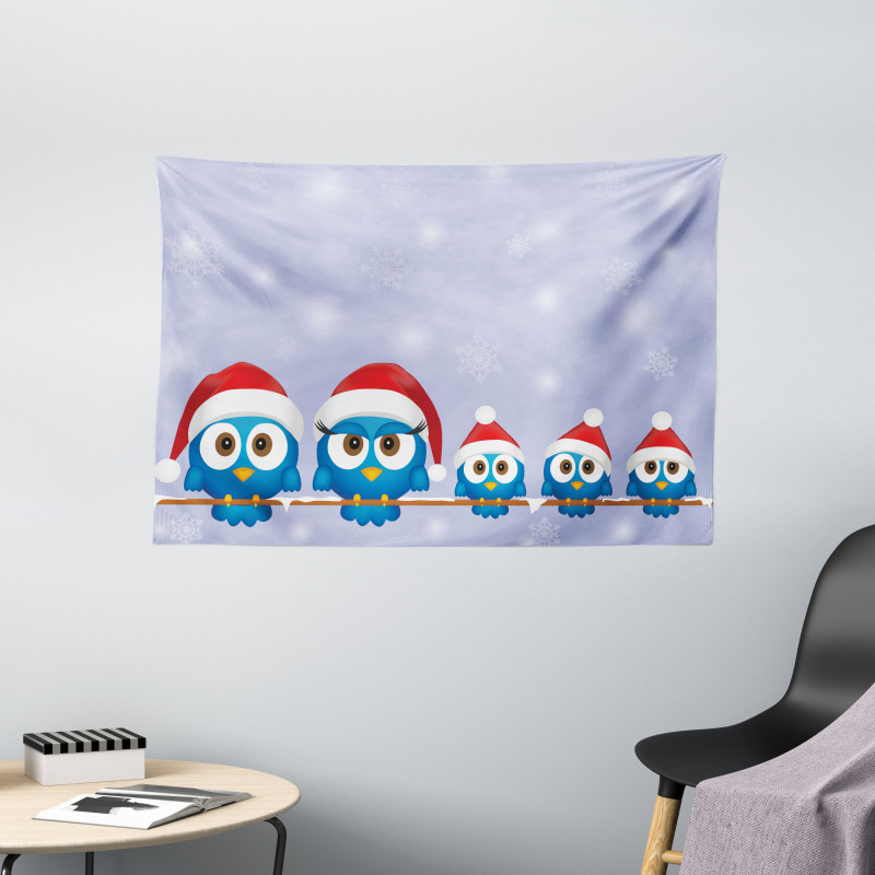 Fun Birds Santa Hats Wide Tapestry