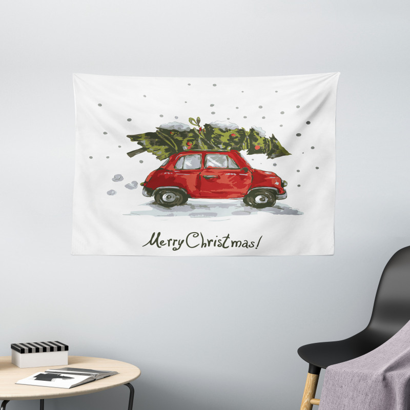 Retro Car with Tree Wide Tapestry