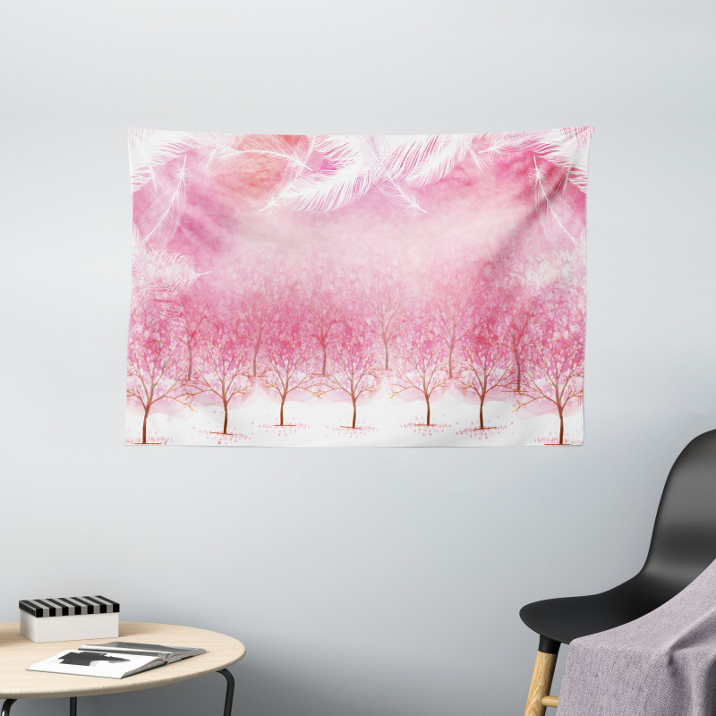 Cherry Trees Feathers Wide Tapestry