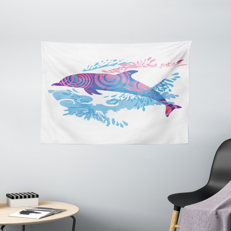 Cartoon Jumping Dolphin Wide Tapestry