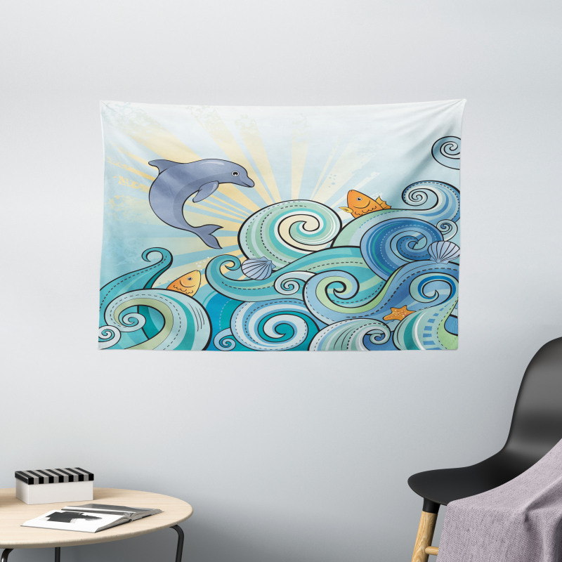 Cartoon Dolphin Ocean Wide Tapestry