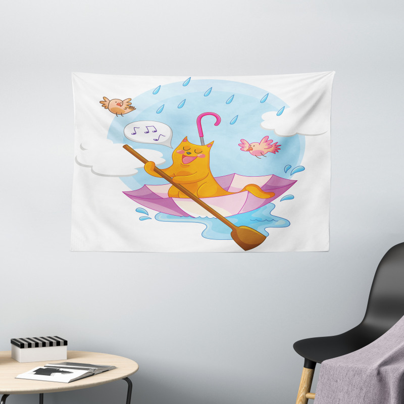 Cartoon Animal Kids Birds Wide Tapestry