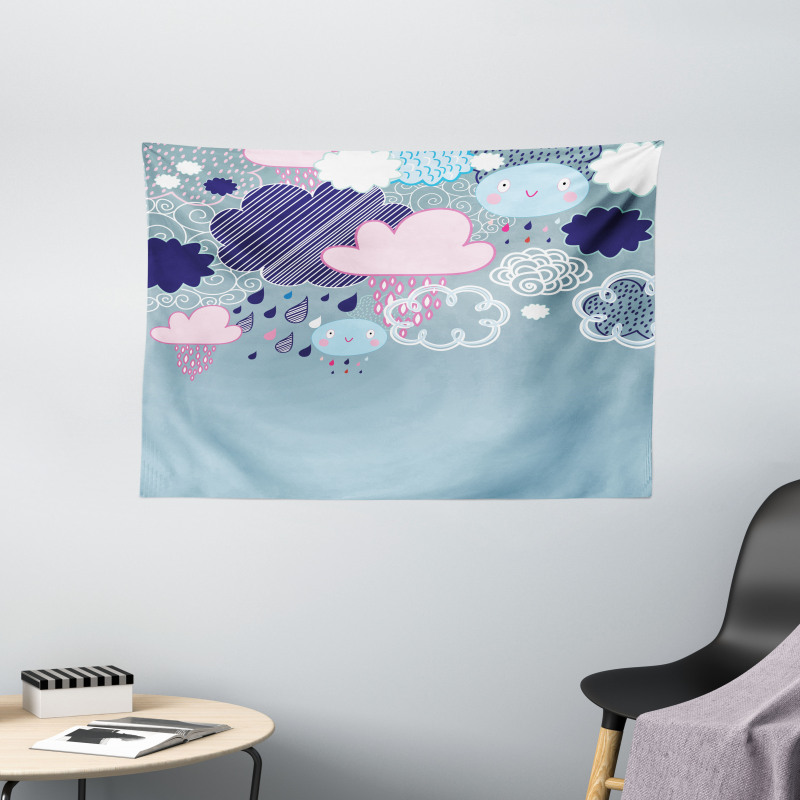 Cartoon Rain Smiley Faces Wide Tapestry