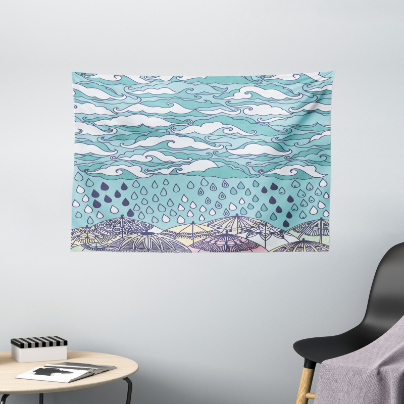 Rain and Umbrellas Fall Wide Tapestry