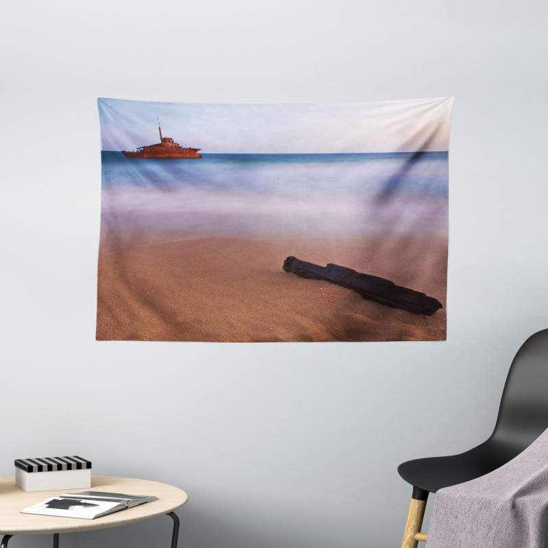 Shipwreck on Sea Dusk Wide Tapestry