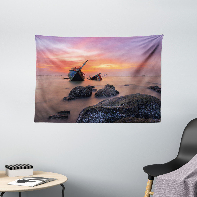Foggy Water Sunset Wide Tapestry