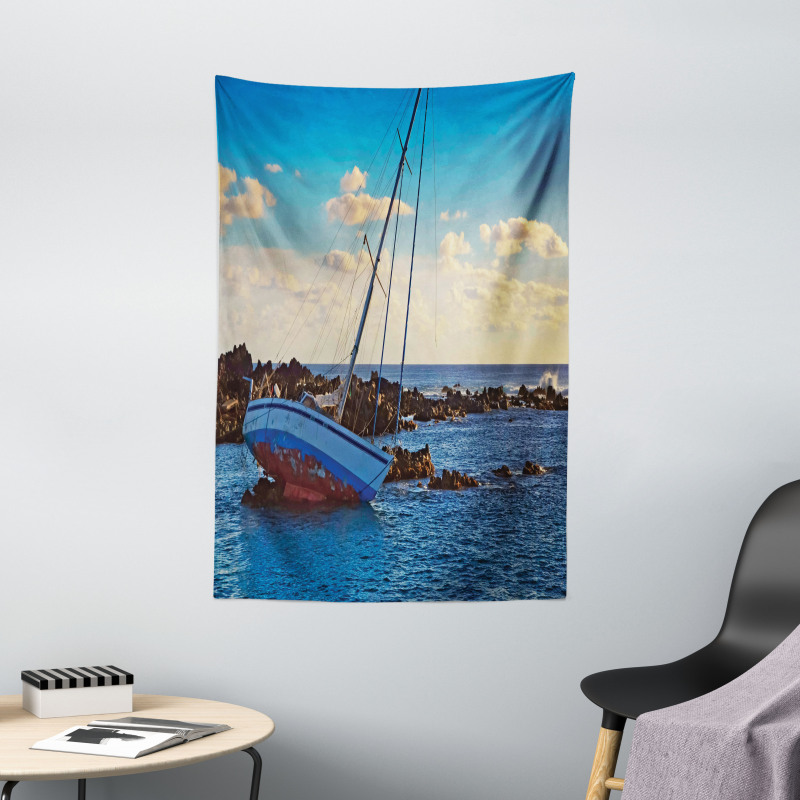 Yacht on Rocks Harbor Tapestry