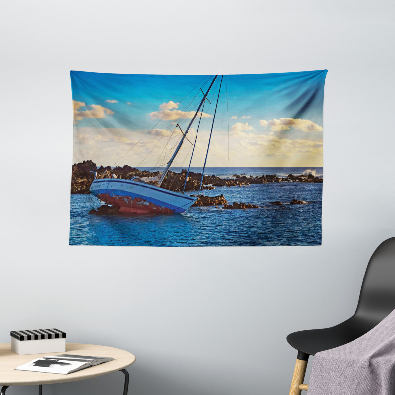 Yacht on Rocks Harbor Wide Tapestry