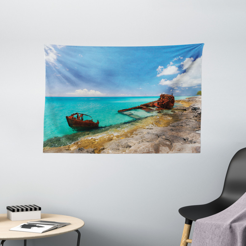 Ship Wreck on Beach Wide Tapestry