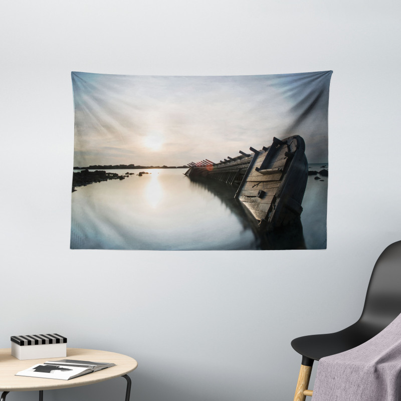 Sinking Boat Sunset Wide Tapestry